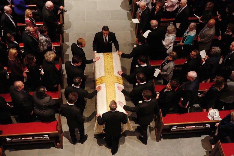 The casket is brought into St. Martin's Episcopal Church during the funeral for former first lady Barbara Bush on April 21, 2018 in Houston, Texas.